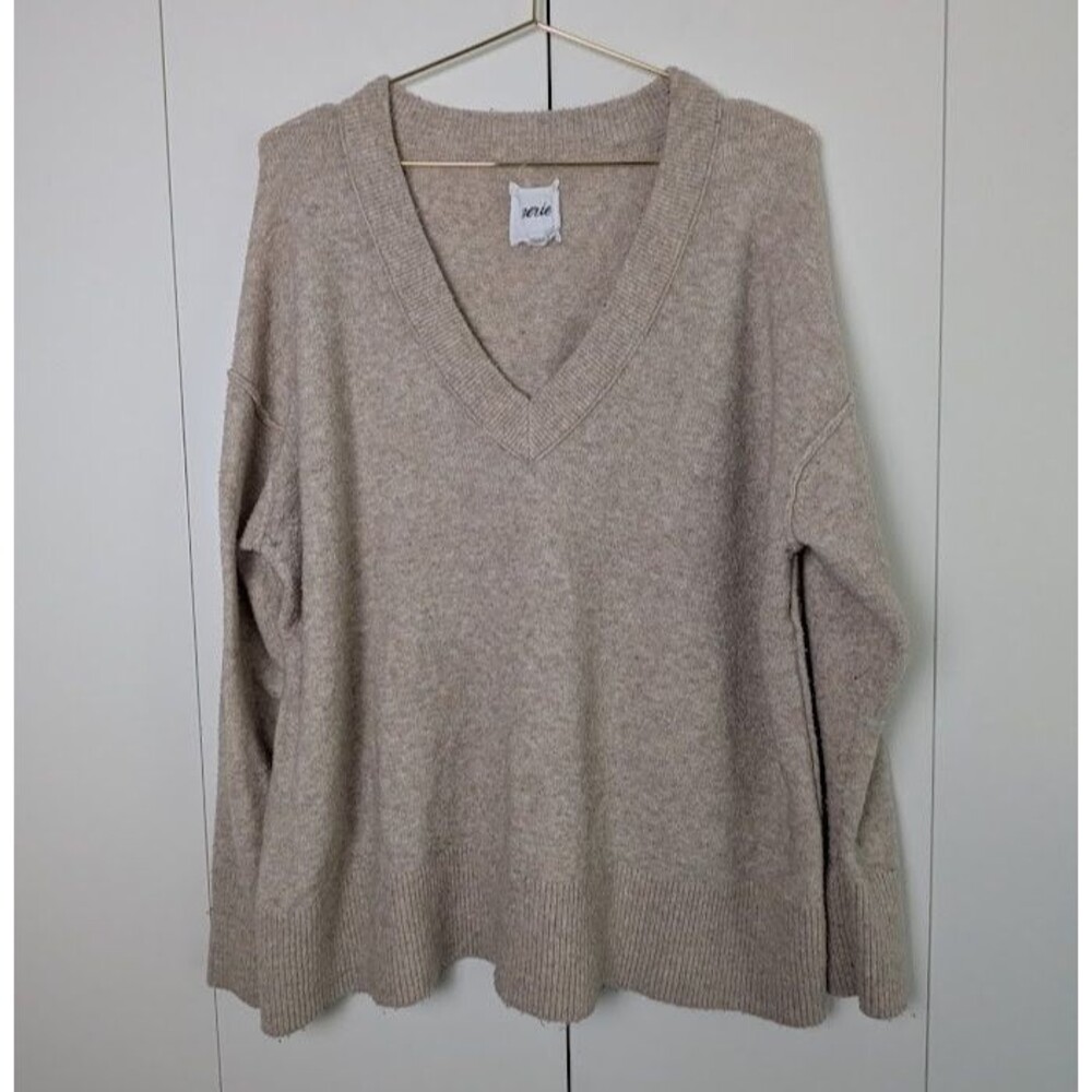 Aerie V-Neck Oversized Knit Sweater Women's Size Medium Tan